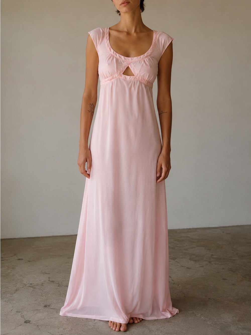Vintage John Kloss for Cira Baby Pink Nightgown Lounge Dress Cutout 70s 80s S
